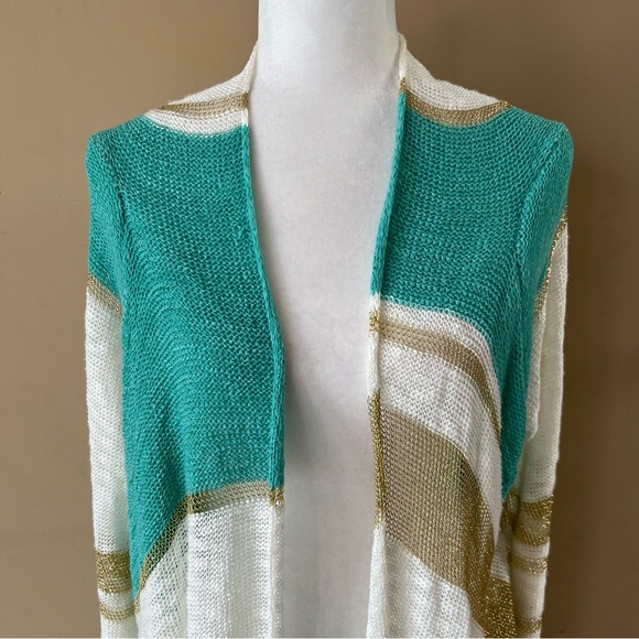 Daytrip Large White Green Gold Cardigan Crochet Sweater Open Knit Draped Front - Picture 2 of 4